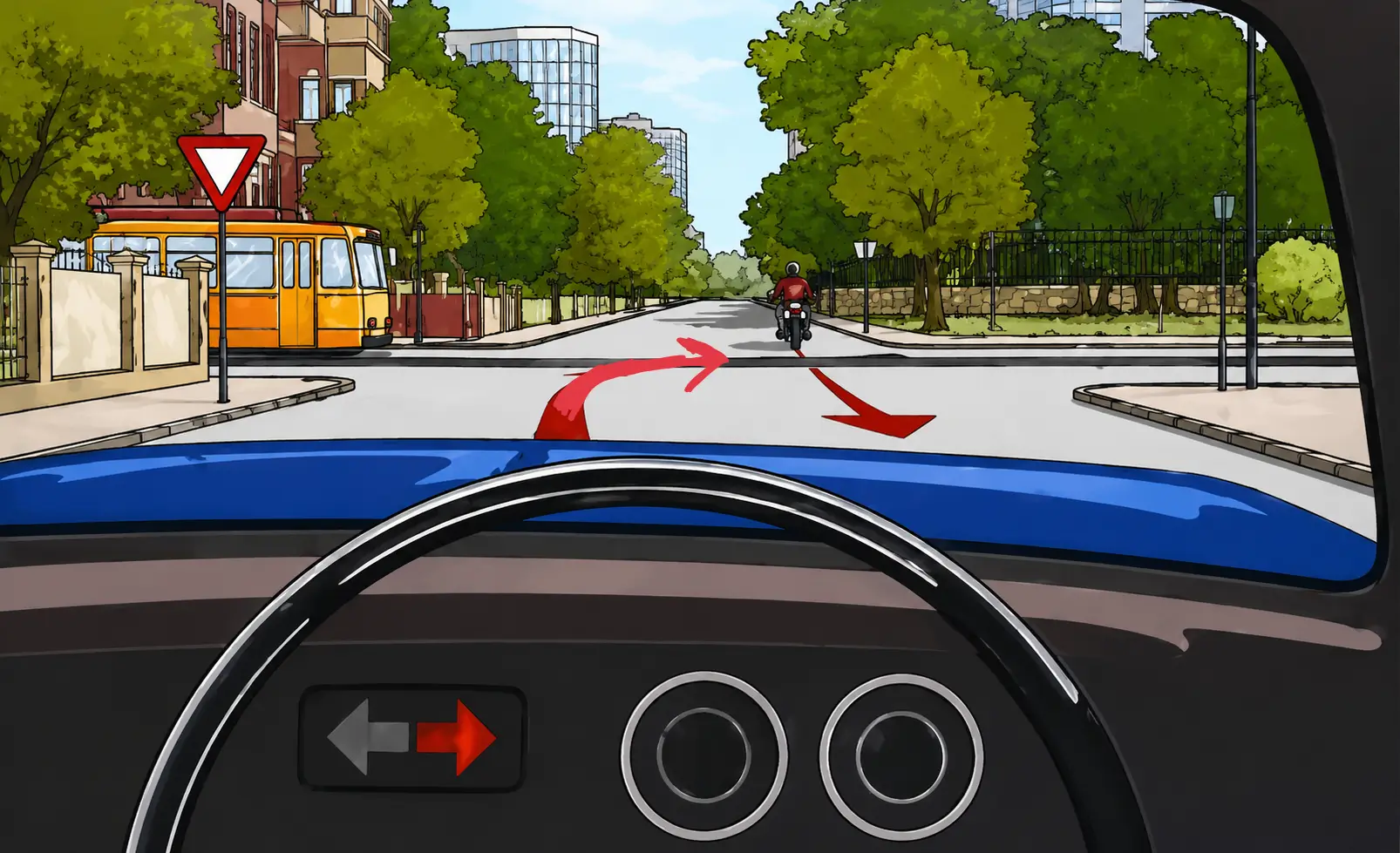 Driver's view approaching a yield sign at a 4 way junction intending to turn right, a tram on the left and an  oncoming motorcycle proceeding ahead